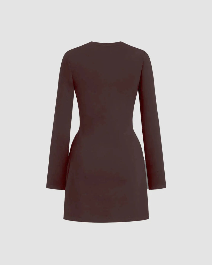 Back view of a Chocolate mini dress with full sleeves and a round neckline, showcasing a fashionable knotted wrap design