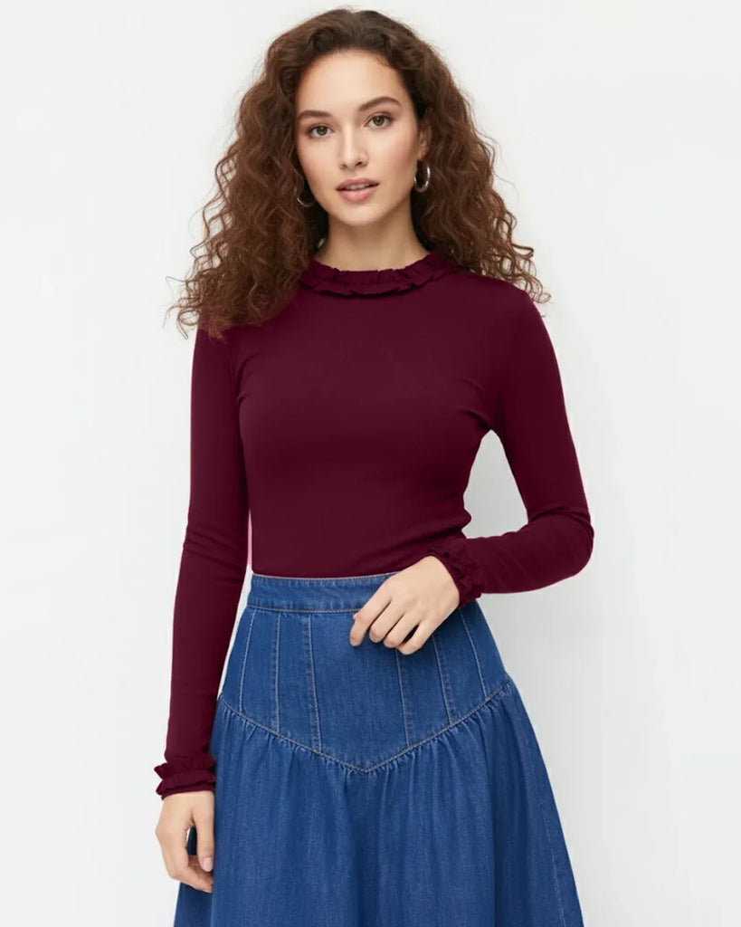 Round Neckline Long Sleeve Ruffle Trim Top in Burgundy – Littlebox India