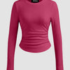 Round Neckline Ruched Long Sleeve Top in Ruby Front View for Women | Littlebox India