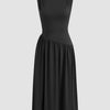 Round Neckline Ruffle Ruched Lace Up Midi Dress Curve & Plus in Black Front View for Women | Littlebox India 