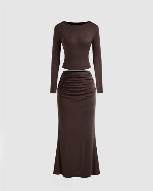 Round Neckline Solid Crop Top & Mid Rise Ruched Maxi Skirt Set In Chocolate Brown Front View For Women | Littlebox India