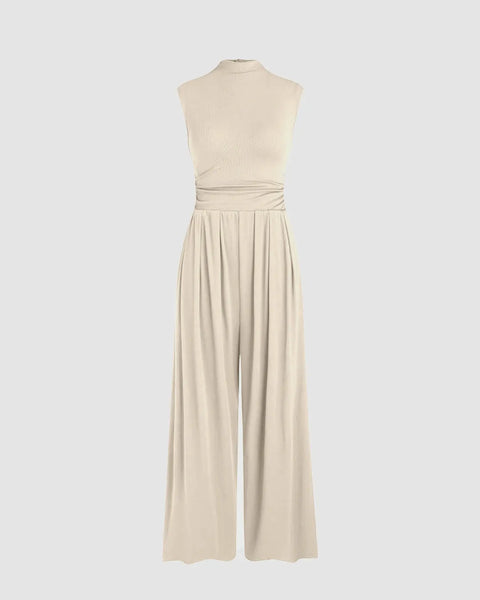 Round Neckline Solid Pleated Jumpsuit In Apricot Front View For Women | Littlebox India