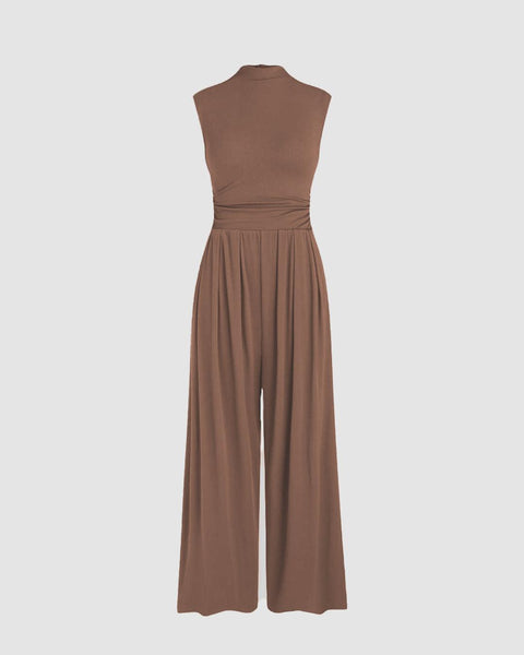 Brown solid pleated jumpsuit for women with round neckline and wide-leg fit
