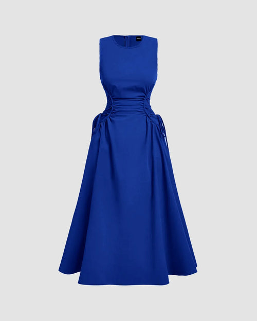 Front view of royal blue midi dress with sleeveless design, cinched waist and flared silhouette for an elegant look.