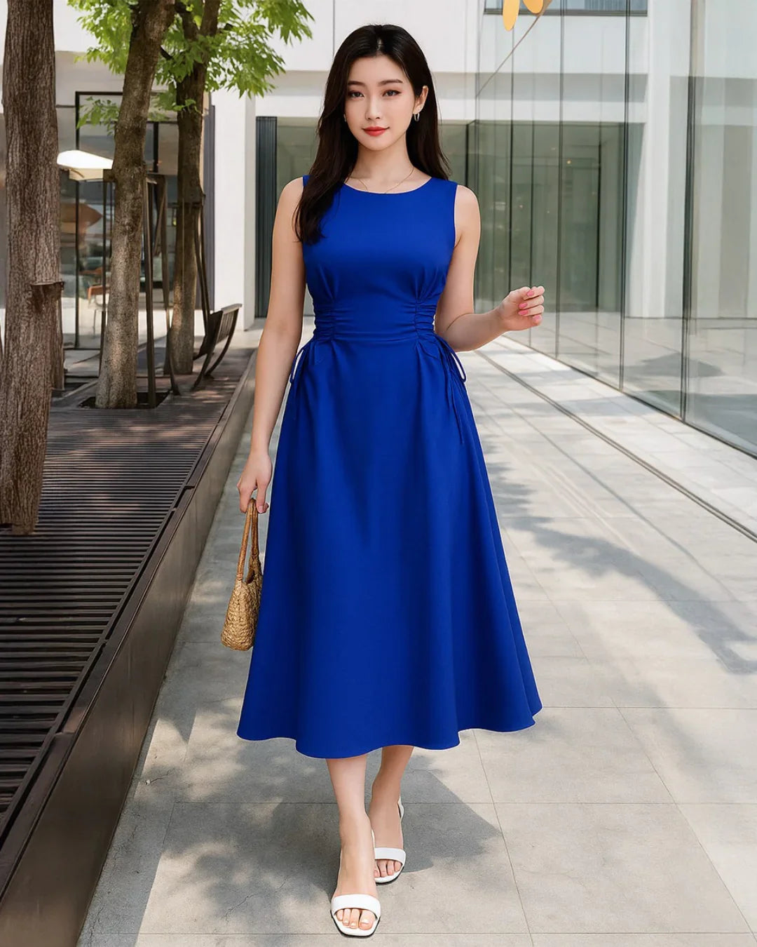 Sleeveless Midi Dress with Side Ruched Detail