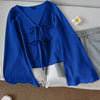 Royal Blue Tie Front Full Sleeve Flared Hem Top Front View for Women | Littlebox India