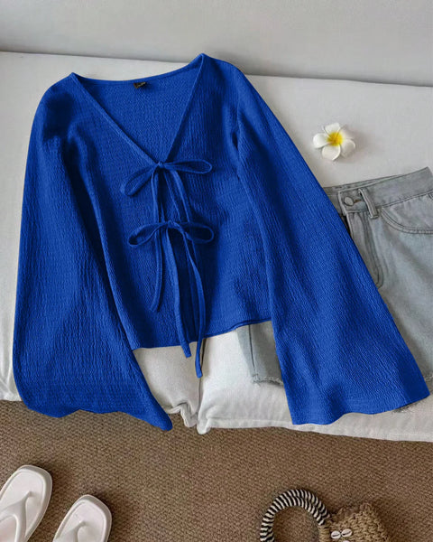 Royal Blue Tie Front Full Sleeve Flared Hem Top Front View for Women | Littlebox India