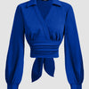 Royal Blue Wrap Style Collar Full Sleeve Top with Tie Waist