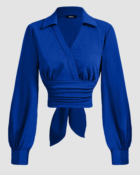 Royal Blue Wrap Style Collar Full Sleeve Top with Tie Waist