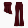 Ruched Asymmetrical Hem Bandeau Top & Mid Rise Flared Trousers Set In Merlot Front View for Women | Littlebox India