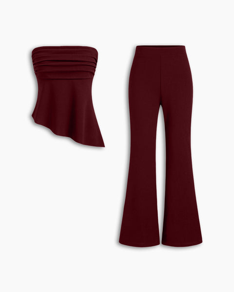 Ruched Asymmetrical Hem Bandeau Top & Mid Rise Flared Trousers Set In Merlot Front View for Women | Littlebox India