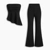 Ruched Asymmetrical Hem Bandeau Top & Mid Rise Flared Trousers Set in Classic Black Front View for Women | Littlebox India