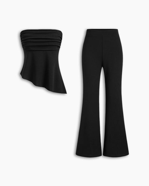 Ruched Asymmetrical Hem Bandeau Top & Mid Rise Flared Trousers Set in Classic Black Front View for Women | Littlebox India