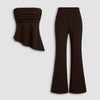 Ruched Asymmetrical Hem Bandeau Top & Mid Rise Flared Trousers Set in Coffee Brown Front View for Women | Littlebox India