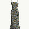 Ruched Bodycon Dress With Floral Spaghetti Straps Front View for Women | Littlebox India