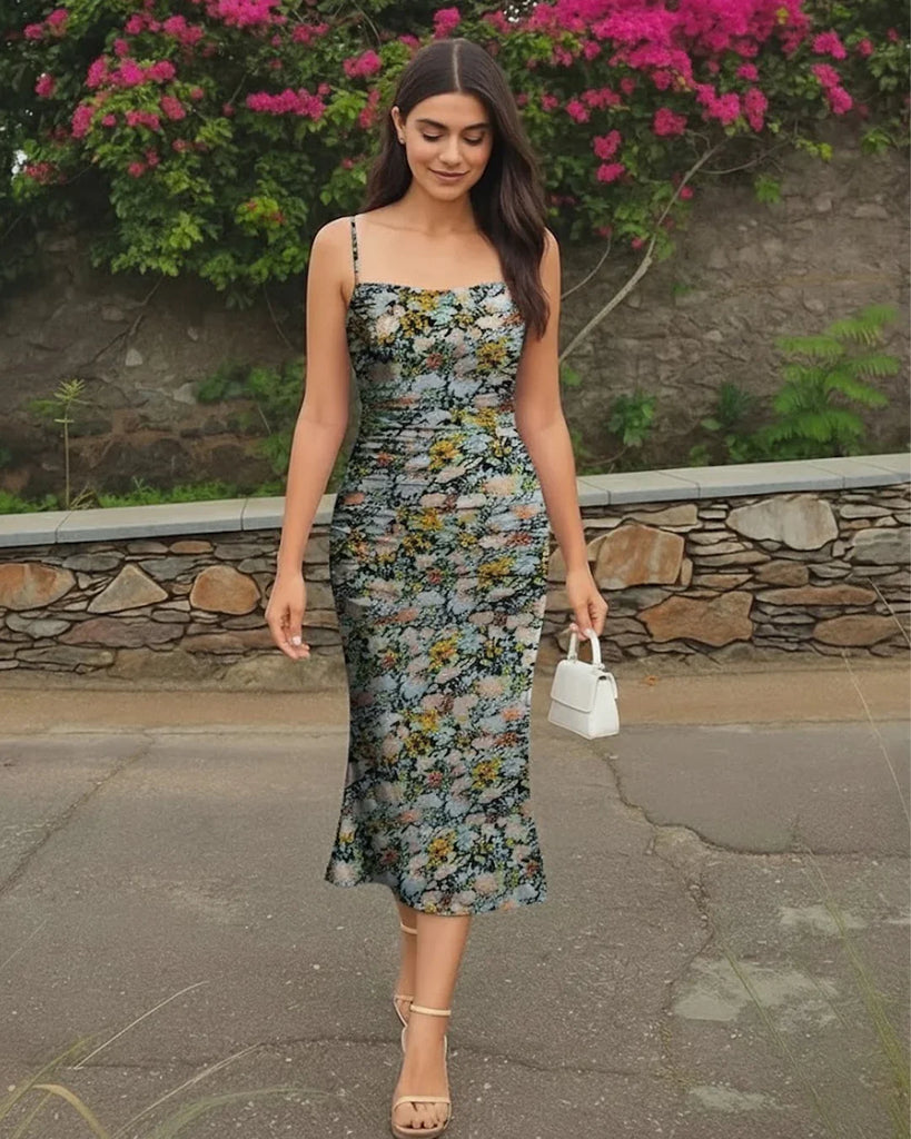 indian bodycon dresses Ruched Dress With Floral Spaghetti Straps Size:48XL (5'3