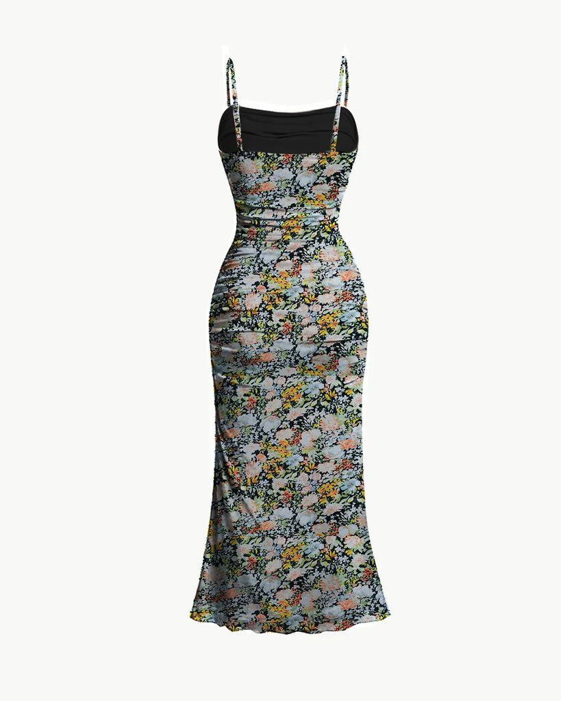 Ruched Bodycon Dress With Floral Spaghetti Straps
