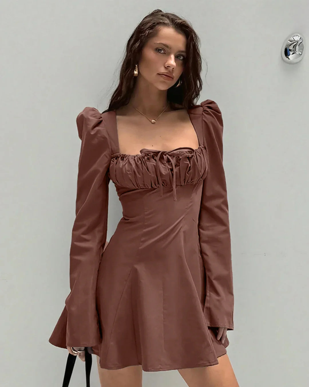 Ruched Bust Full Sleeve A-Line Mini Dress in Brown
