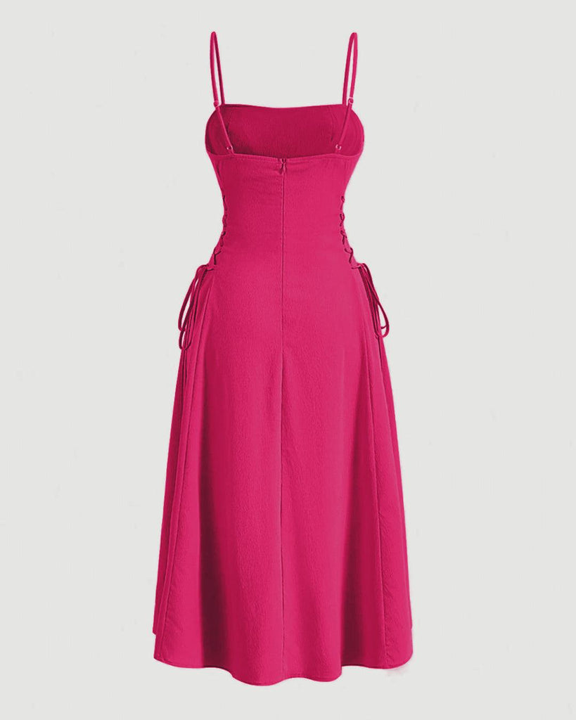 Ruched Bust Lace Up Hot Pink Cami Dress