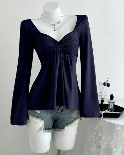 Ruched Bust Sweetheart Neck Full Sleeve Top in Navy Blue Front View For Women | Littlebox India