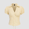 Front view of Yellow ruched button-down top with puff sleeves, showcasing a bright and cheerful look
