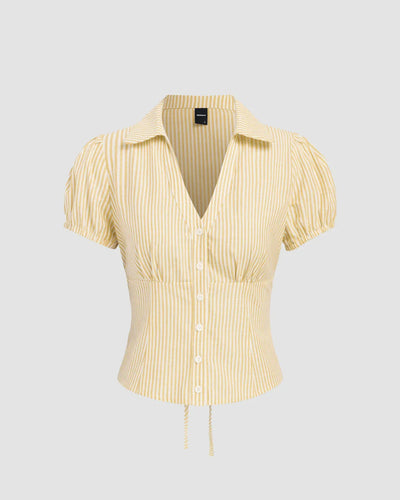 Ruched Button Down Puff Sleeve Top in Yellow Front View for Women | Littlebox India