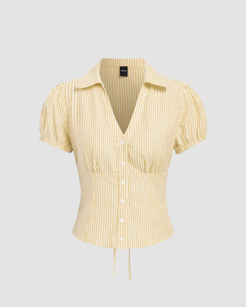 Front view of Yellow ruched button-down top with puff sleeves, showcasing a bright and cheerful look