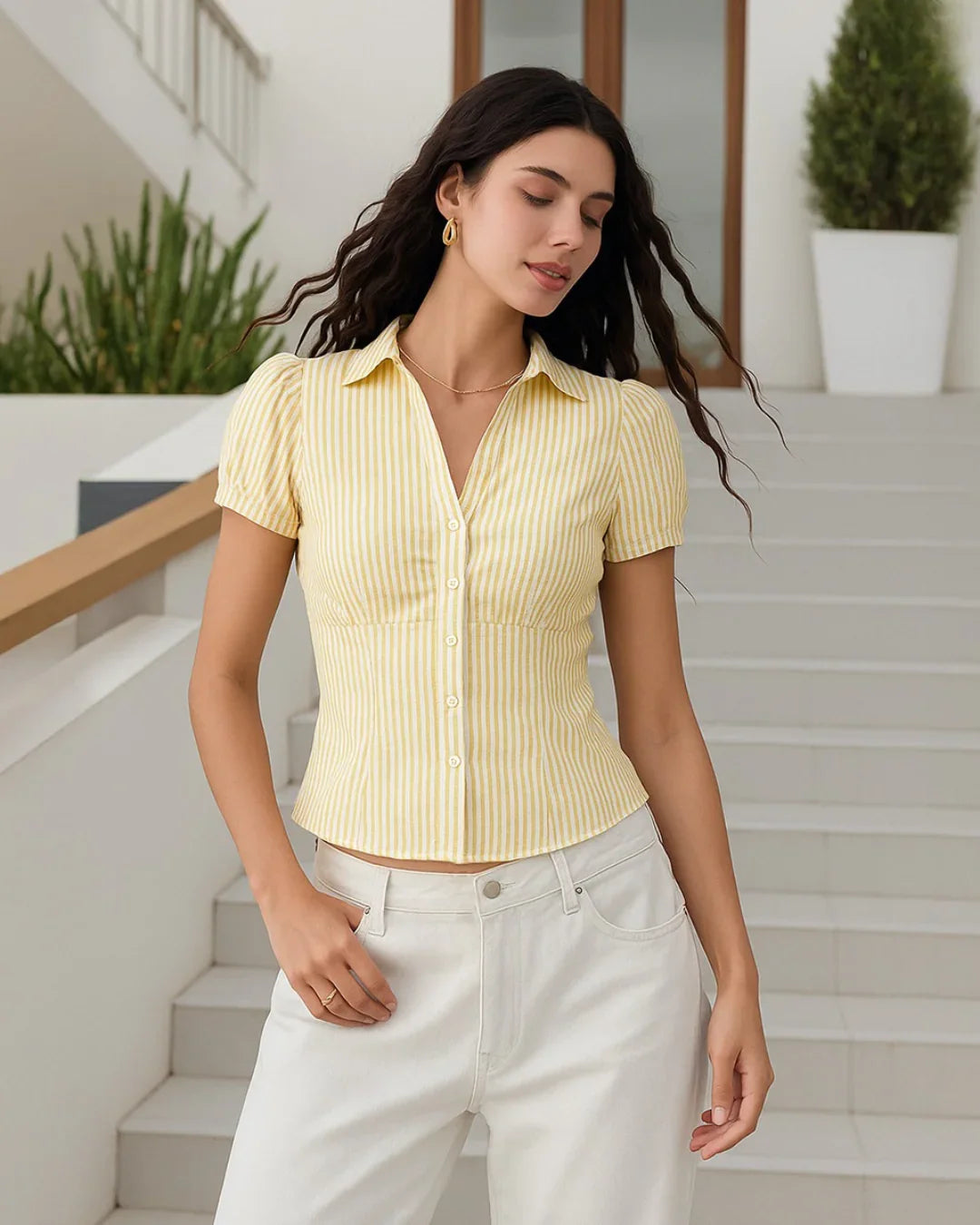 Ruched Button Down Puff Sleeve Top in Yellow - Littlebox India