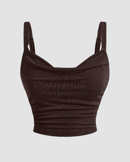 Front view of Brown ruched cami crop top with a soft cowl neckline and thin straps, featuring a fitted silhouette for a sleek, flattering look