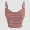 Front view of dusty pink ruched cowl neck cami top with fitted silhouette, stylish cowl top.