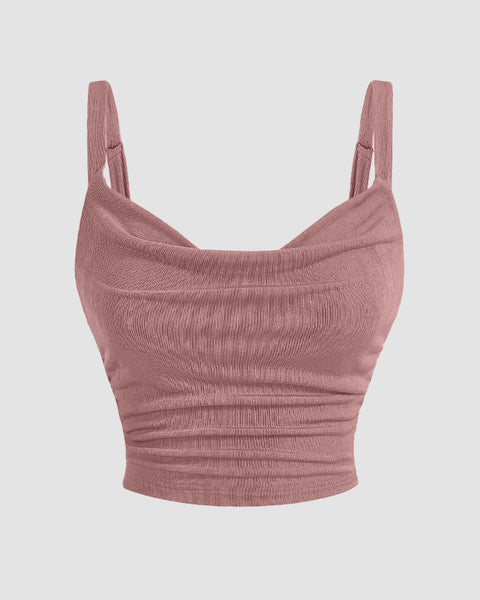 Front view of dusty pink ruched cowl neck cami top with fitted silhouette, stylish cowl top.