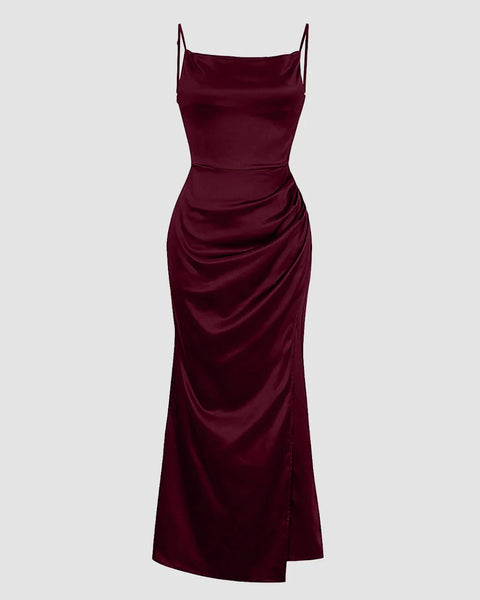 Ruched Cowl Neck Maxi Dress in Maroon Front View for Women | Littlebox India