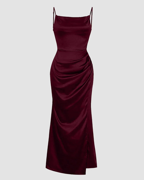 Maroon cowl neck maxi dress with slim straps and ruched waist, shown front and back on plain background.