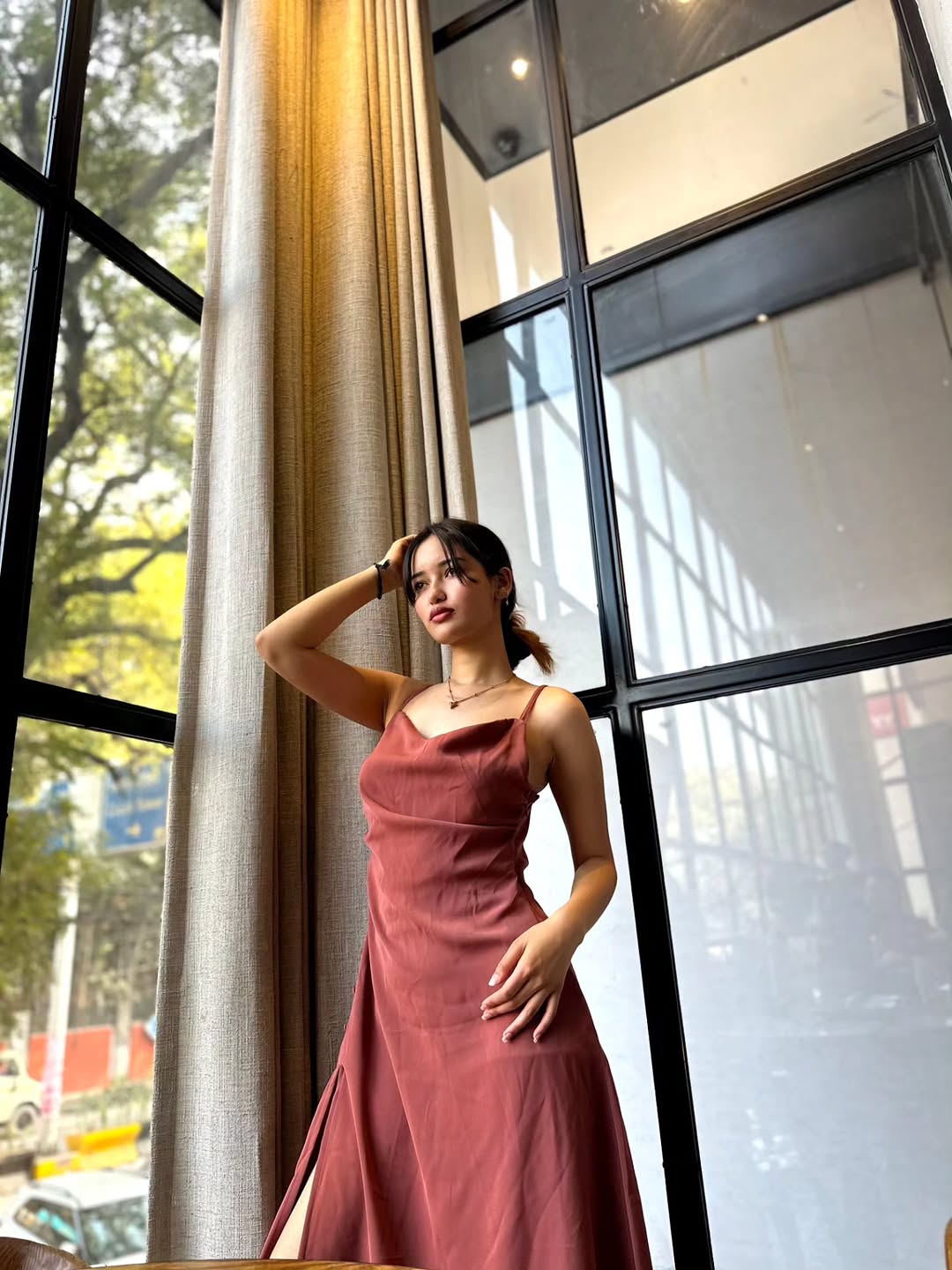 Customer photo 1 of Ruched Cowl Neck Maxi Dress in Maroon