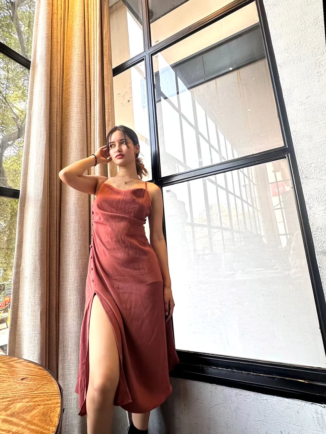 Customer photo 2 of Ruched Cowl Neck Maxi Dress in Maroon