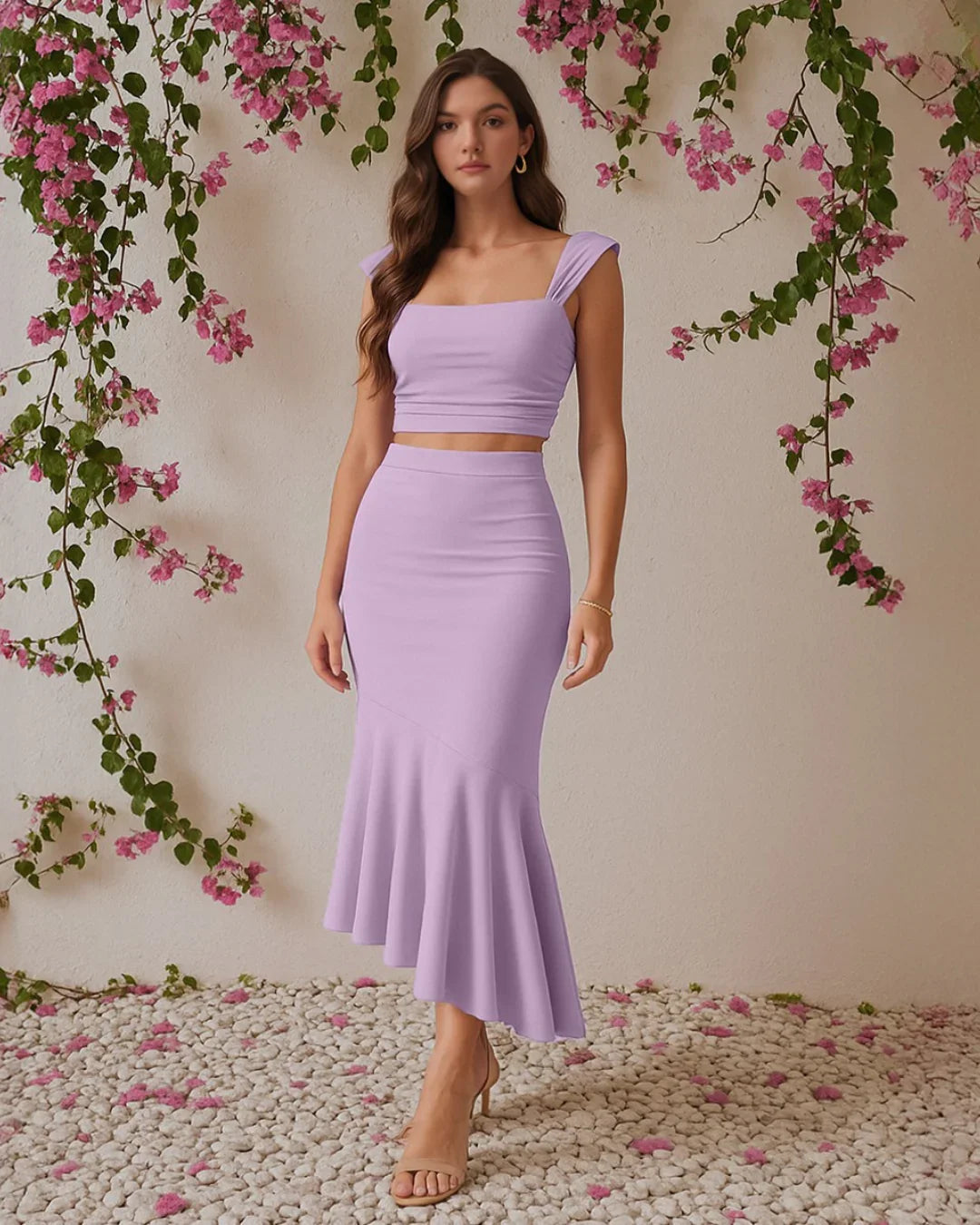 Crop Top & Asymmetric Hem Skirt Set in Lilac - Littlebox India