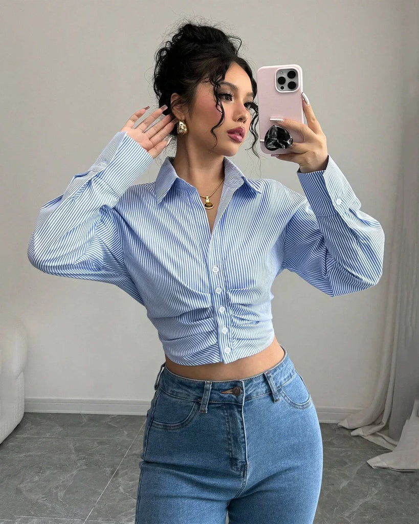 A collared crop stylish shirt with a ruched front, perfect for blending business and streetwear vibes.
