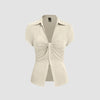 Ruched Front Collared Short Sleeve Top in Beige Front View for Women | Littlebox India