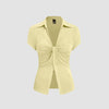 Ruched Front Collared Short Sleeve Top in Vanilla Front View for Women | Littlebox India