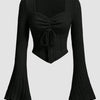 Ruched Front Square Neck Full Sleeve Top in Black Front View For Women | Littlebox India