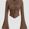 Ruched Front Square Neck Full Sleeve Top in Smokey Brown Front View For Women | Littlebox India