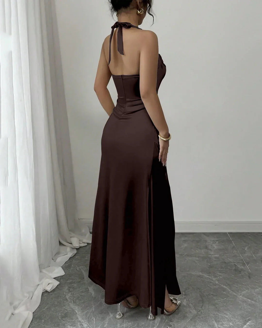 Ruched Halter Neck Maxi Dress in Coffee - Littlebox India