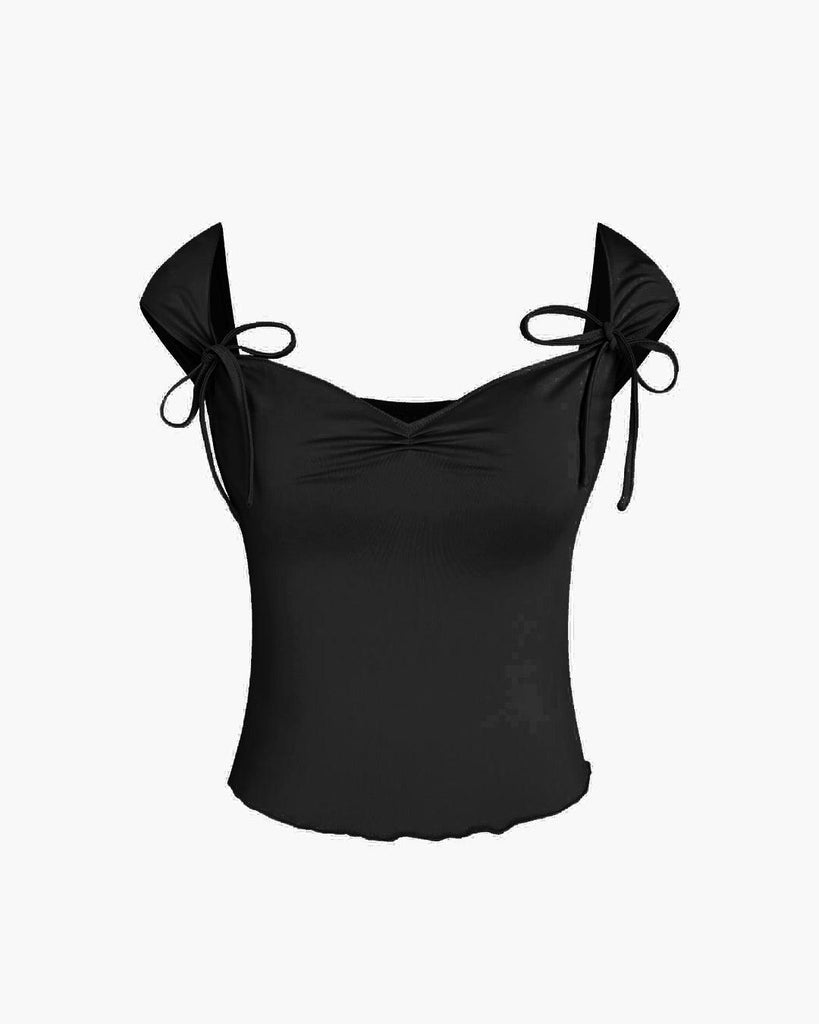 black crop cami top featuring ruffled sleeves and a ruched lettuce trim design