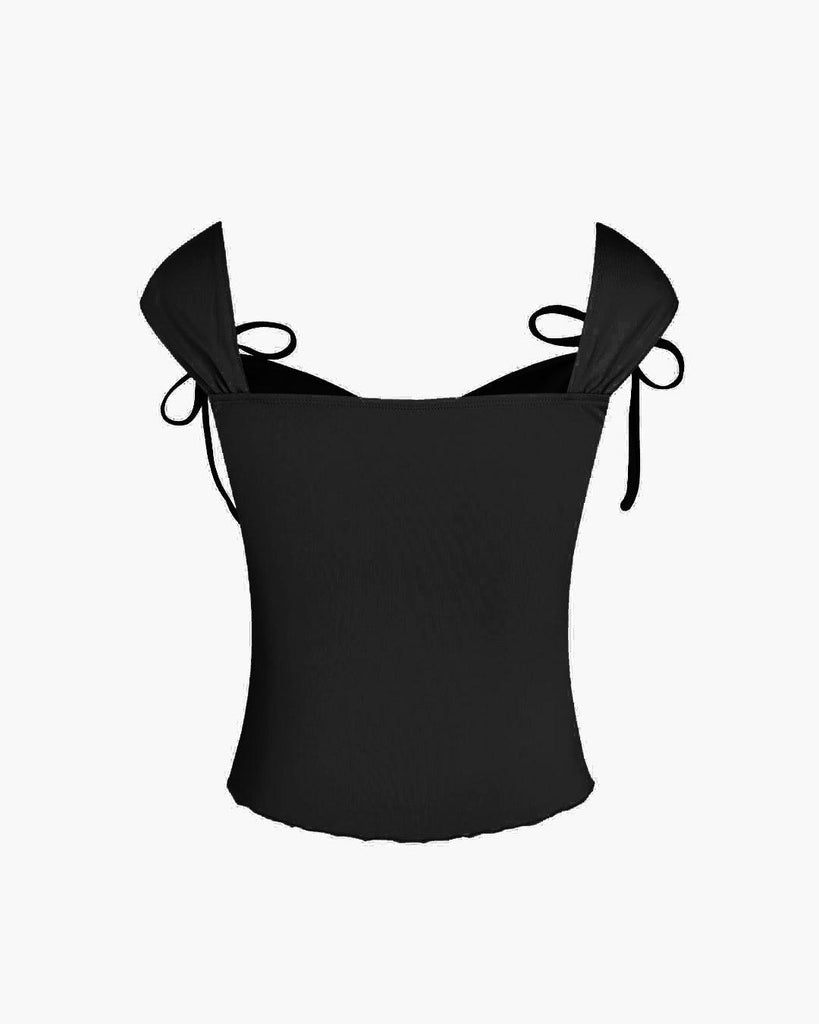 black crop cami top featuring ruffled sleeves and a ruched lettuce trim design back view