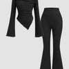Front view of Black ruched long sleeve fitted knit top with flare pants two piece set, featuring a sleek coordinated silhouette