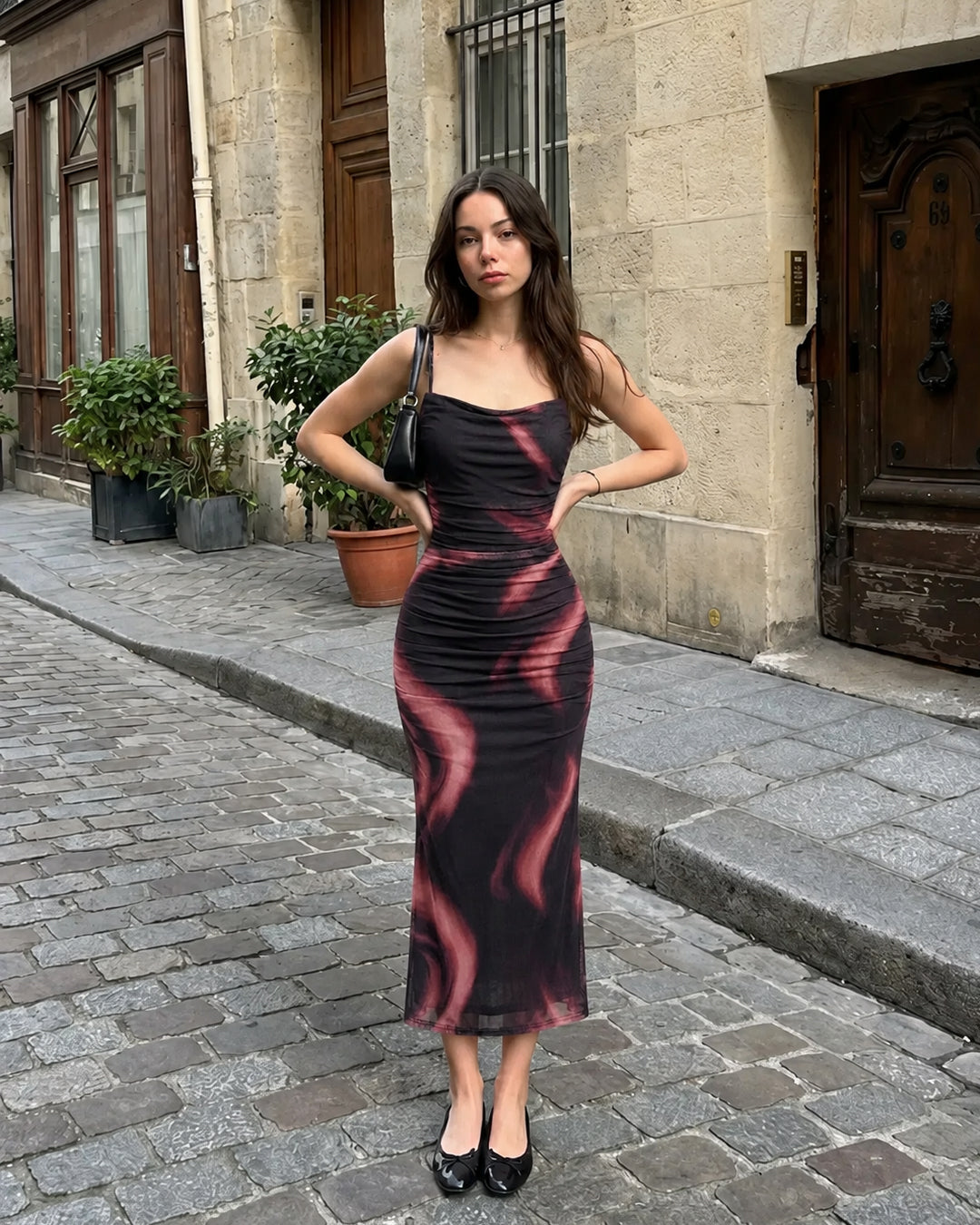 Ruched Mesh Bodycon Midi Dress With Abstract Print And Spaghetti Straps In Soft Black- Littlebox India