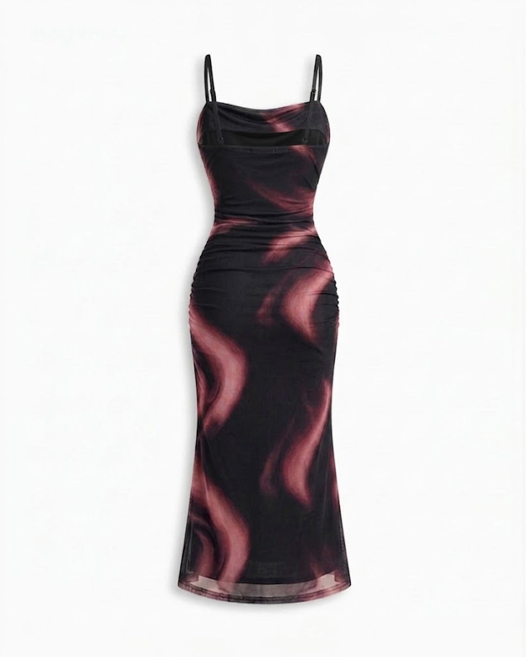 abstract print spaghetti strap high slit ruched dress Mesh Bodycon Midi With And Straps In Soft Black- Littlebox India Gabrielle Drop Waist Halter PF26LAUNCH Color:PALM PARADISE PRINT