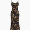 Ruched Mesh Bodycon Midi Dress With Butterfly Floral Print And Spaghetti Straps in Classic Black Front View for Women | Littlebox India