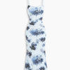 Ruched Mesh Bodycon Midi Dress With Floral Print And Spaghetti Straps in Dusty Blue Front View for Women | Littlebox India
