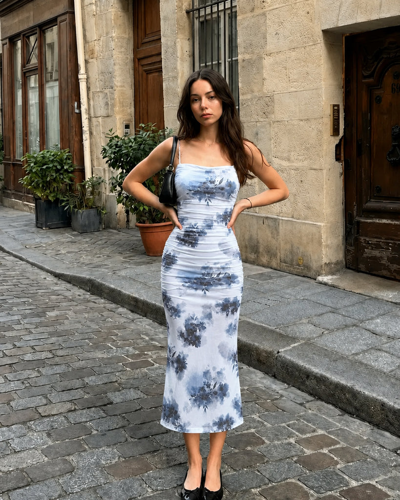 Ruched Mesh Bodycon Midi Dress With Floral Print And Spaghetti Straps in Dusty Blue- Littlebox India